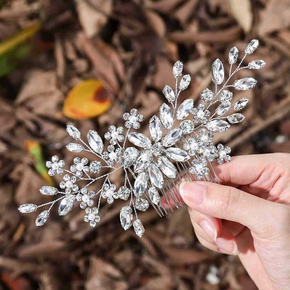 Crystal Bride Wedding Hair Comb Silver Rhinestone Flower Bridal Hair Pieces Pear